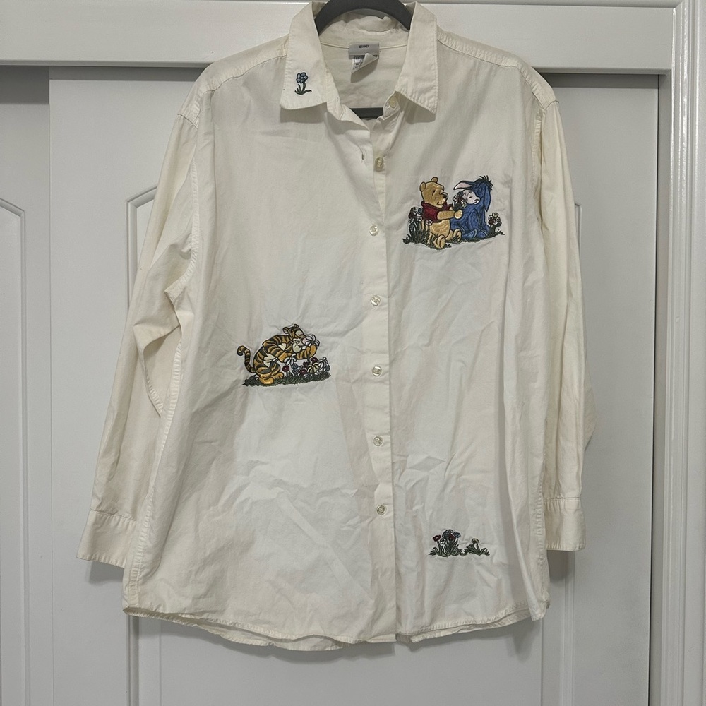 Vintage Disney Cream Shirt with Blue Flower Embroidery 90s